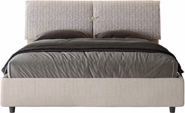 Letto Matrimoniale Mados con Contenitore e Rete, Testata Imbottita in Tessuto Beige o Bianco, L/P: 160 x 190 cm