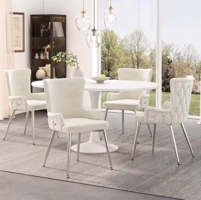 Set di 4 sedie da pranzo in velluto con gambe in metallo beige e argento