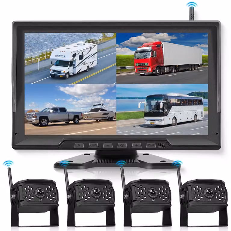 Telecamera di retromarcia wireless - Schermo da 10,1 pollici - 4 telecamere - HD 720p - Resistente all'acqua IP68