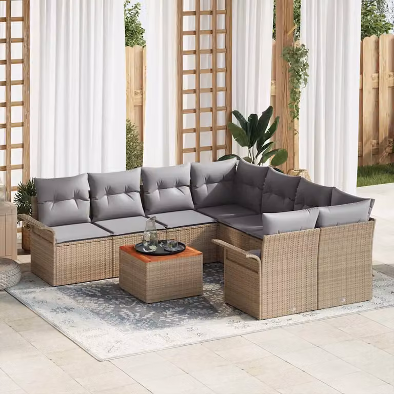 Set Divano da Giardino vidaXL 9 Pezzi in Polyrattan Beige con Cuscini e Tavolino da Caffè