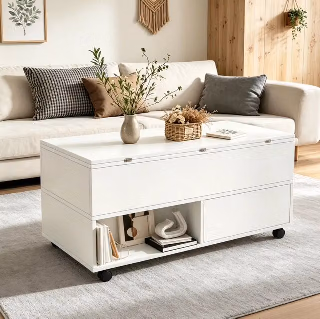 Tavolino da caffè 100x50x52 cm regolabile in altezza con 4 cassetti in truciolare bianco