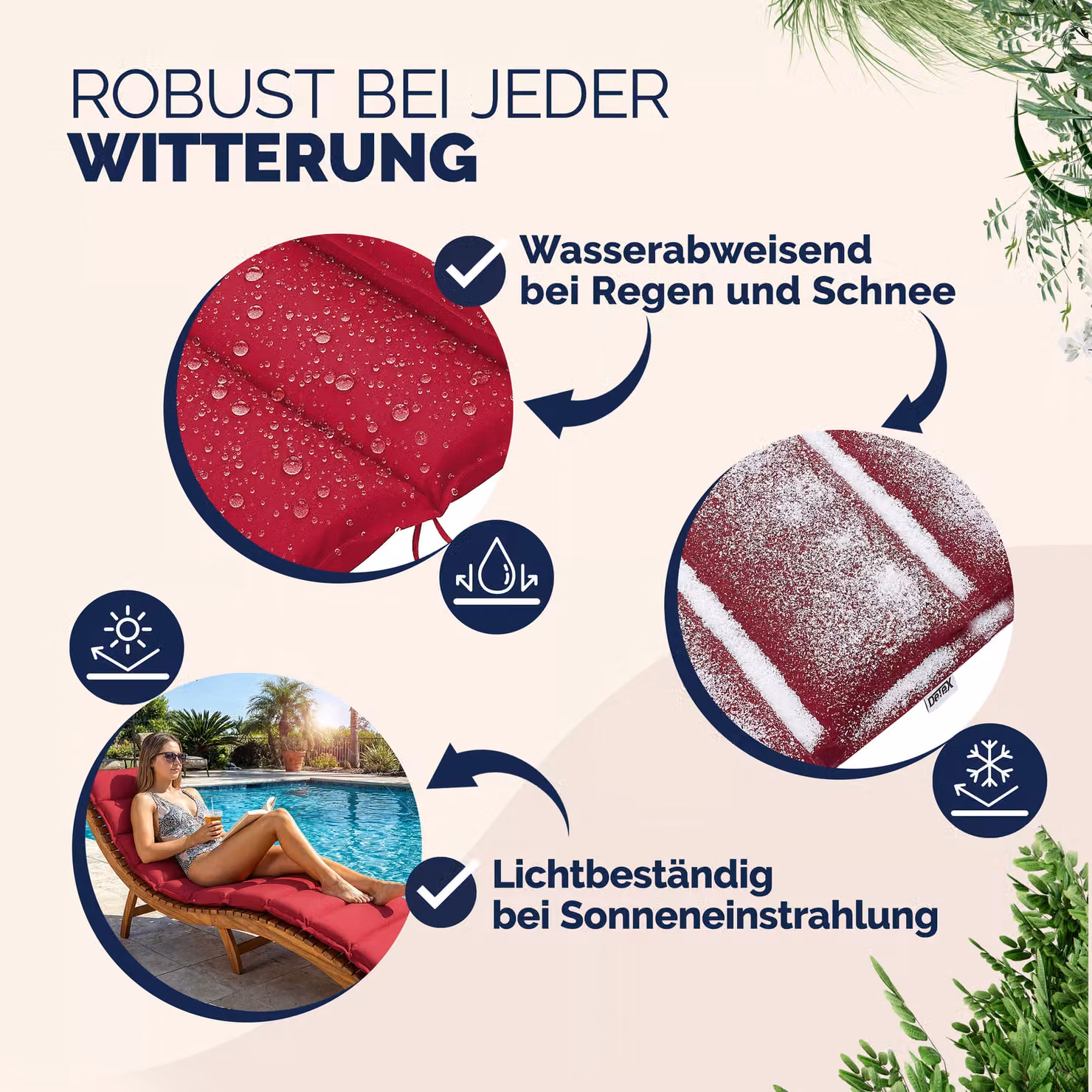 Cuscino per sdraio rosso in poliestere idrorepellente L: 183 cm, P: 56 cm, H: 7 cm – 3