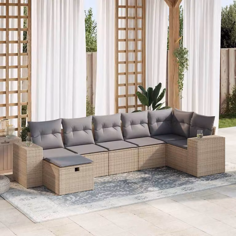 Set di divani da giardino vidaXL a forma di L composto da 7 pezzi con cuscini beige e struttura in metallo e rattan per esterno