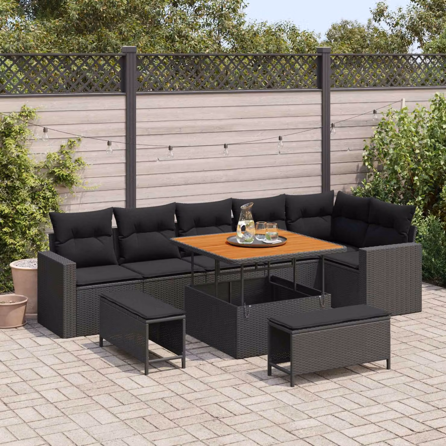 Set Divano da Giardino vidaXL 9 Pezzi Nero con Cuscini e Tavolino da Caffè in Metallo e Tessuto Resistente ai Raggi UV – 1