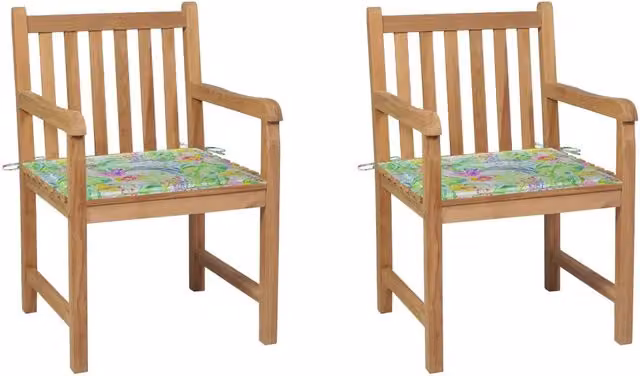 Sedie da Giardino 2 pz Cuscini Motivo a Foglie Massello di Teak