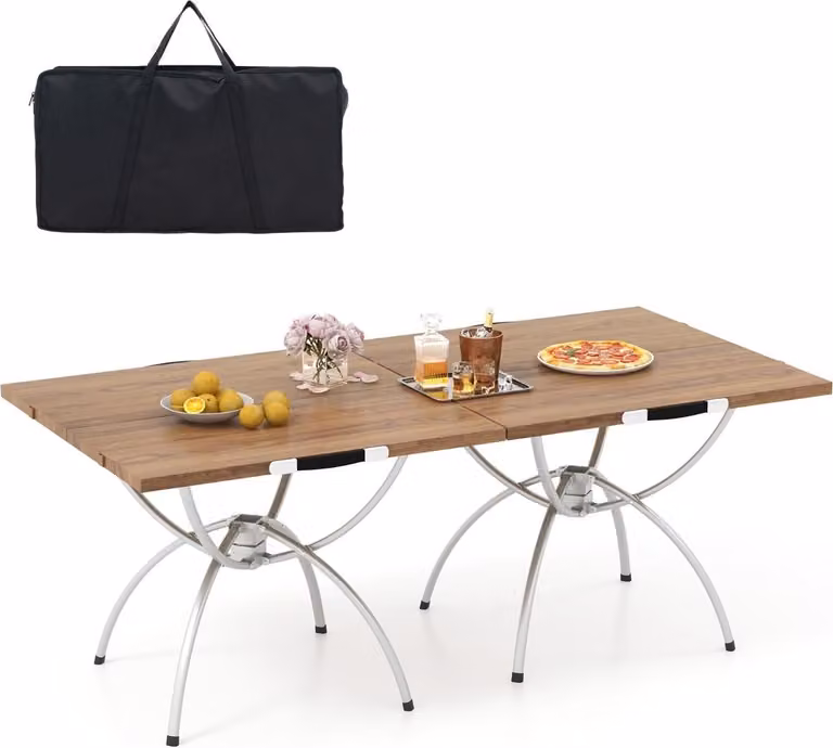 Set tavolo da campeggio pieghevole, piano in legno, struttura in alluminio