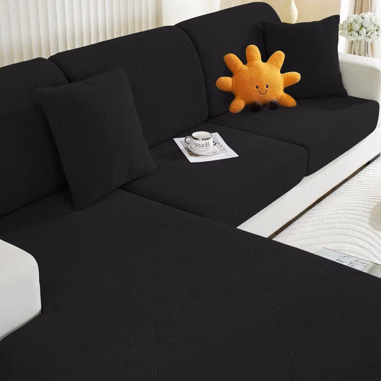 Copertura elastica per cuscini da seduta, modello geometrico nero, per 3 posti singoli e una chaise longue