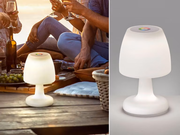 Piccola lampada da tavolo da esterno, classe di protezione IP 44, senza alimentazione, dimmerabile e ricaricabile tramite USB