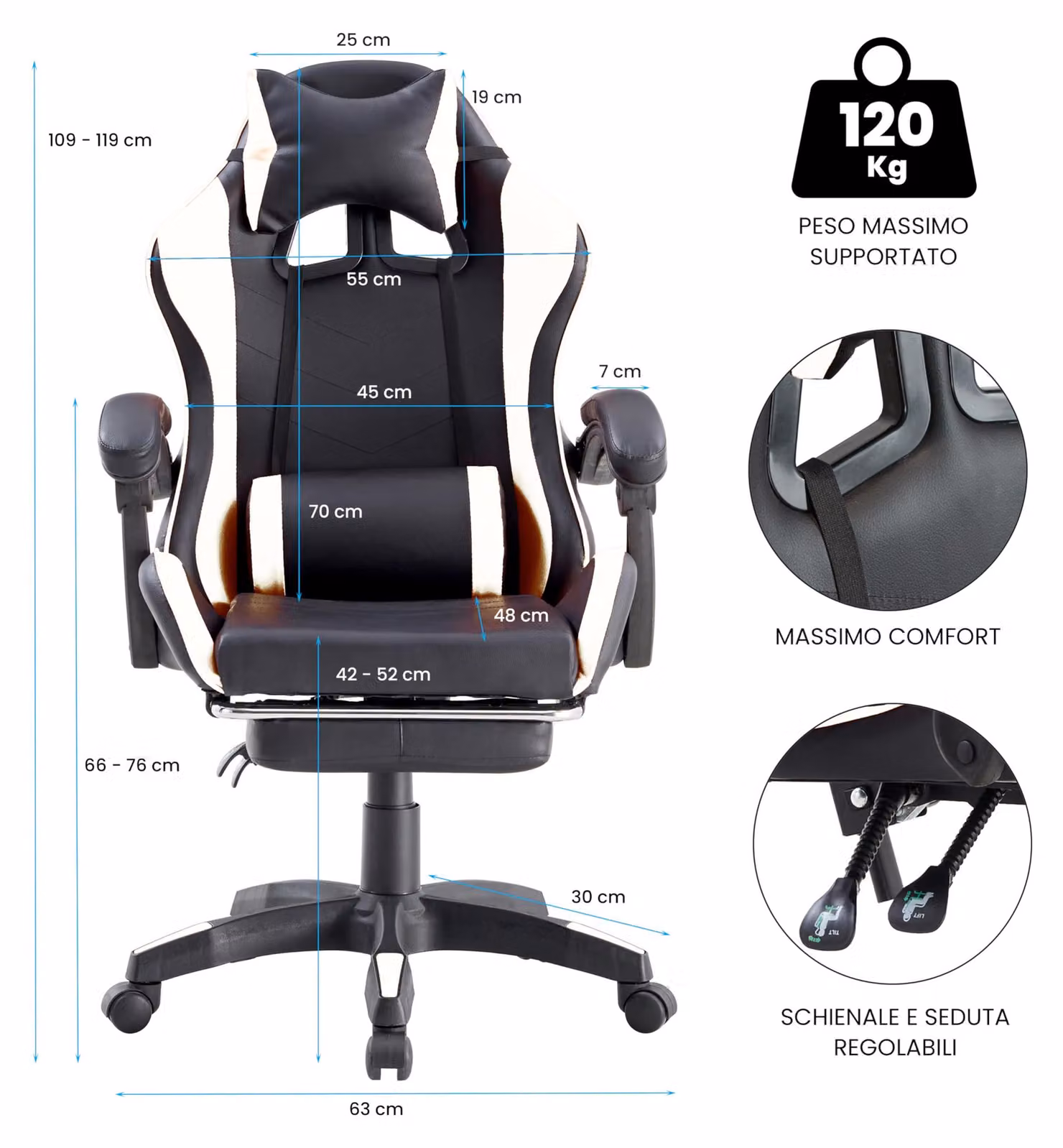 Sedia da corsa ergonomica con braccioli, poggiapiedi, poggiatesta, supporto lombare, rivestita in ecopelle, portata massima 125 kg, ideale per l'ufficio