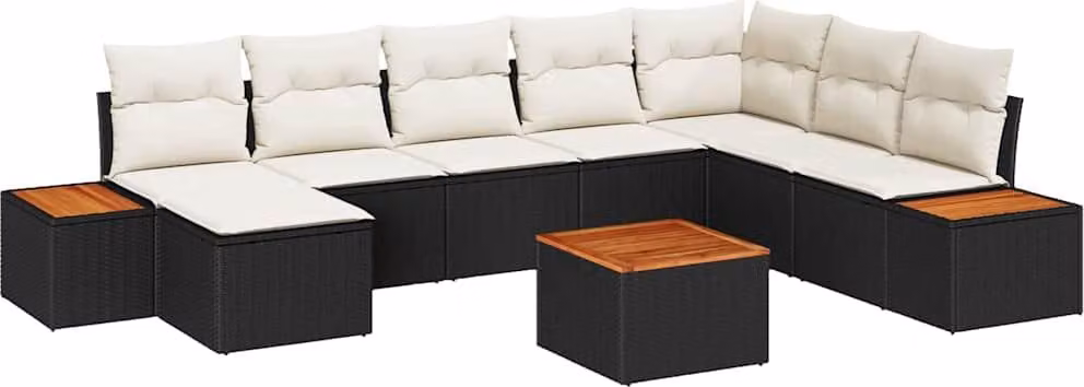 Set Divano da Giardino con cuscino 9 pcs Nero Poly Rattan