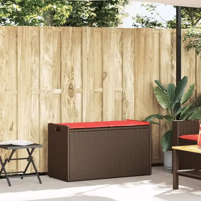 Cassapanca da esterno vidaXL in polyrattan marrone con cuscini inclusi