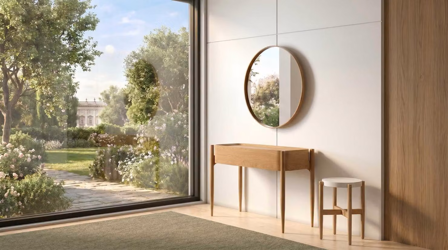 Set per soggiorno: consolle, specchio, tavolino. Design moderno, elegante e spazioso