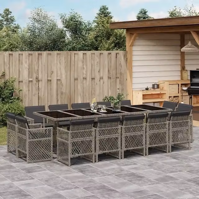 Set da Pranzo da Giardino 15 pz con Cuscini Grigio Polyrattan 3210872