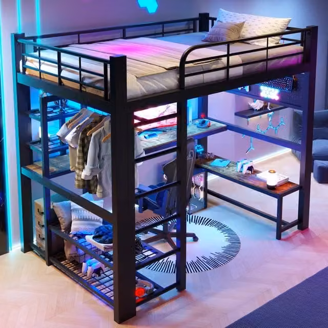 Letto a soppalco 140 × 200 cm con scrivania, barra appendiabiti, ripiani e LED, senza materasso, nero