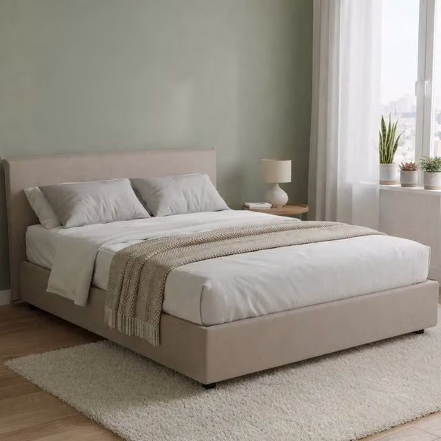 Letto matrimoniale contenitore Aros Talamo Italia con materasso incluso, rivestimento in tessuto, colore tortora, dimensioni materasso: 140 x 200 cm