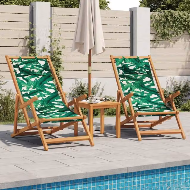 Set di 2 sedie da esterno pieghevoli con motivo floreale mediterraneo in legno massello oliato e tessuto resistente ai raggi UV, colore verde e marrone