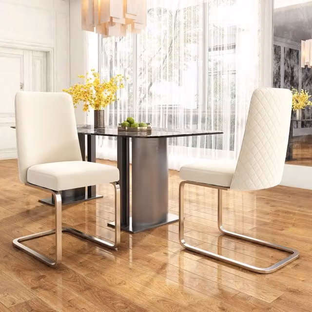 Sedia da Pranzo Velluto Imbottita Set 2 Pezzi ¨C MINIMAL ¨C Beige, Gambe Metallo Argento, Design Schienale Diamante