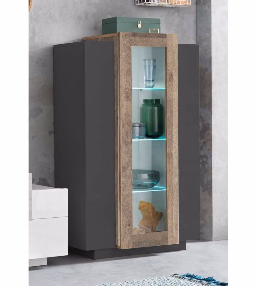 Web Furniture Vetrina Corona in Melaminico Antracite e Wotan Oak