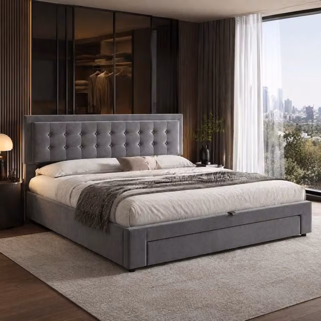 Letto contenitore 160x200 cm in velluto grigio con testiera regolabile