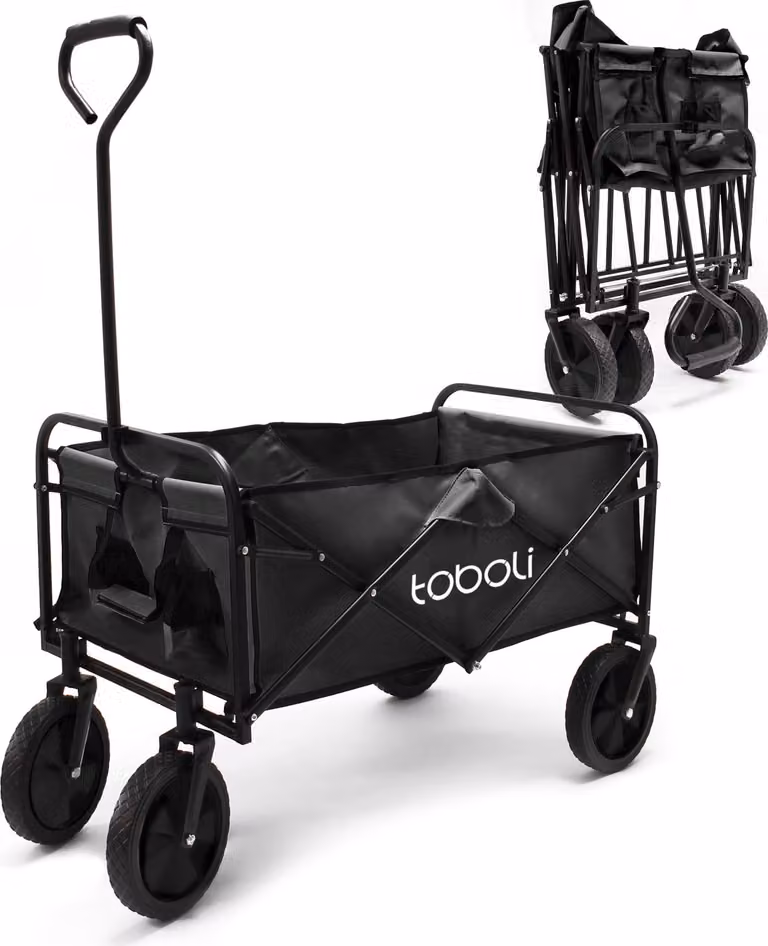Carretto a mano Toboli pieghevole offroad nero, carretto a mano pieghevole caricabile fino a 100 kg, carretto a mano pieghevole per spiaggia, giardino, shopping