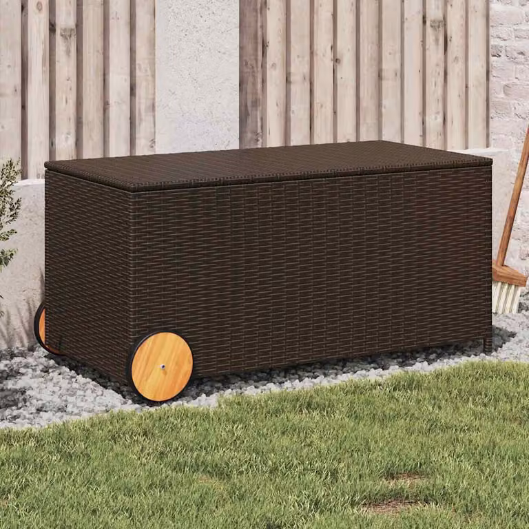 vidaXL Contenitore da Giardino in Polyrattan Marrone con Ruote e Struttura in Metallo e Legno di Acacia Olio L: 107,0 cm, P: 55,0 cm, H: 53,0 cm