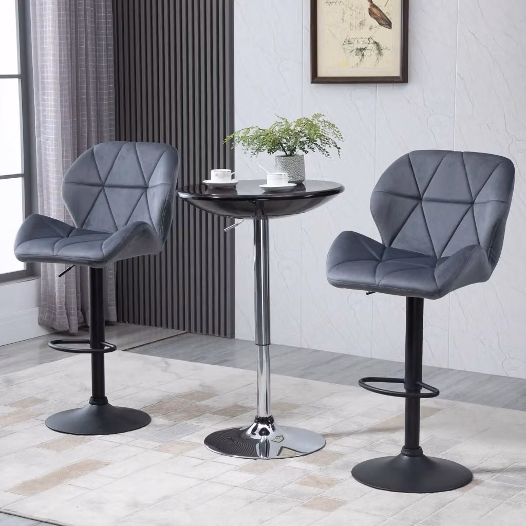 Set di 2 Sgabelli da Bar EasyComfort con Seduta in Velluto Grigio, Altezza Regolabile, Girevoli con Schienale e Poggiapiedi, L/P/H: 51.5 x 57.5 x 93-114.5 cm – 2
