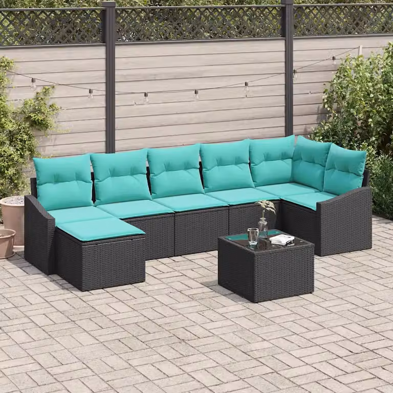 Set di divani da giardino vidaXL a forma di U composto da 8 pezzi con tavolino, pouf e cuscini in colore nero e turchese con struttura in metallo e rattan