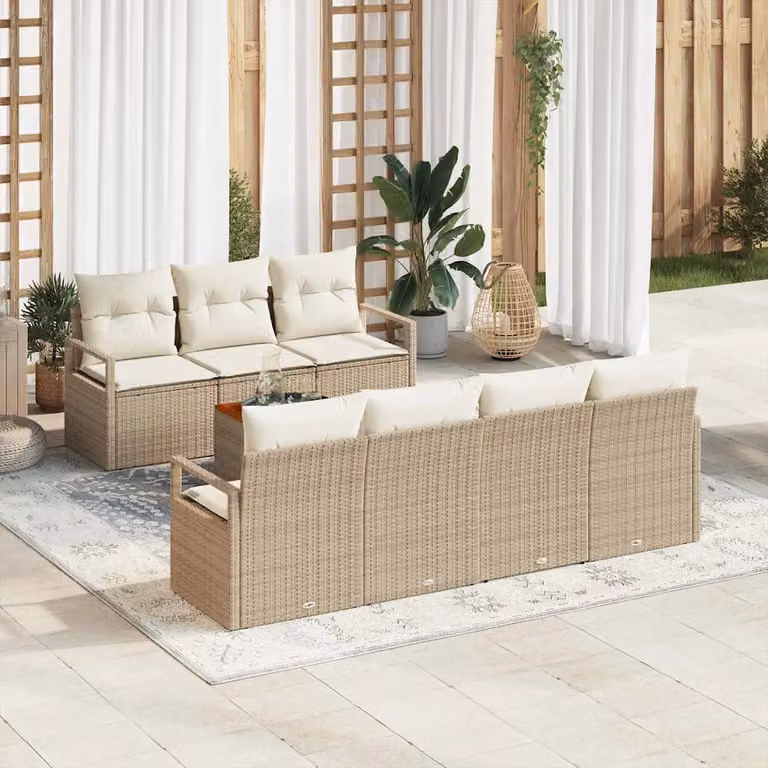 Set Divano da Giardino vidaXL 8 Pezzi in Polyrattan Beige con Cuscini e Tavolino per Terrazza e Balcone