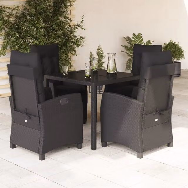 Set da pranzo da giardino vidaXL in polyrattan nero con tavolo in vetro e 5 sedie con cuscini