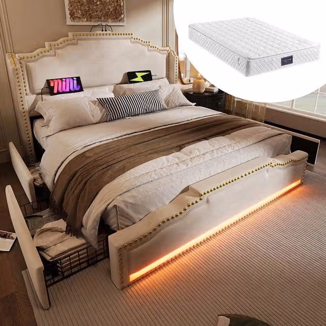 Letto matrimoniale-Xylo-160x200 cm-4 cassetti, LED, USB-C, velluto beige, con materasso
