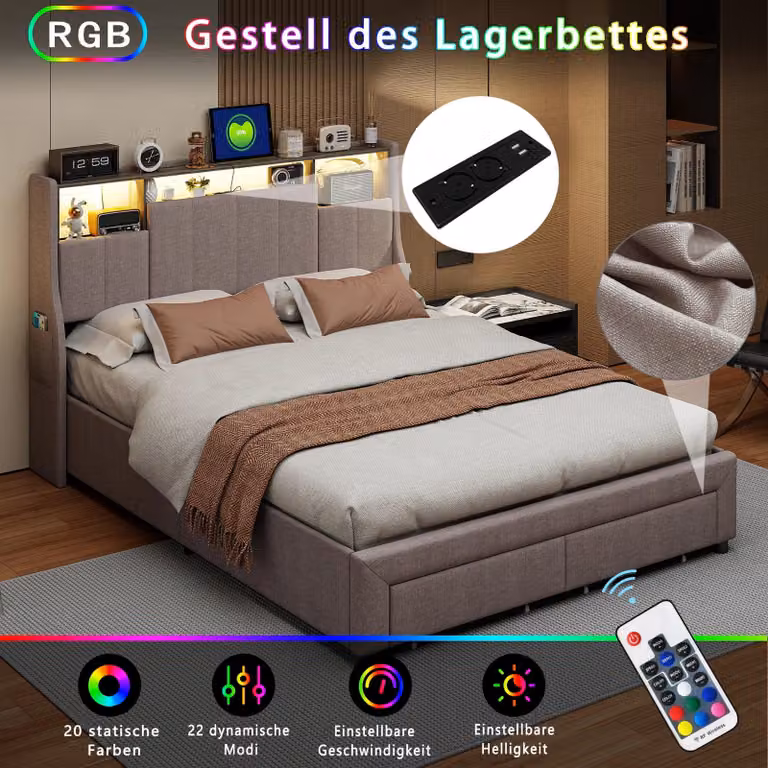 Letto matrimoniale - Letto - Letto contenitore - Letto con LED - Divano letto - 160x200 cm - Con illuminazione a LED e porte USB