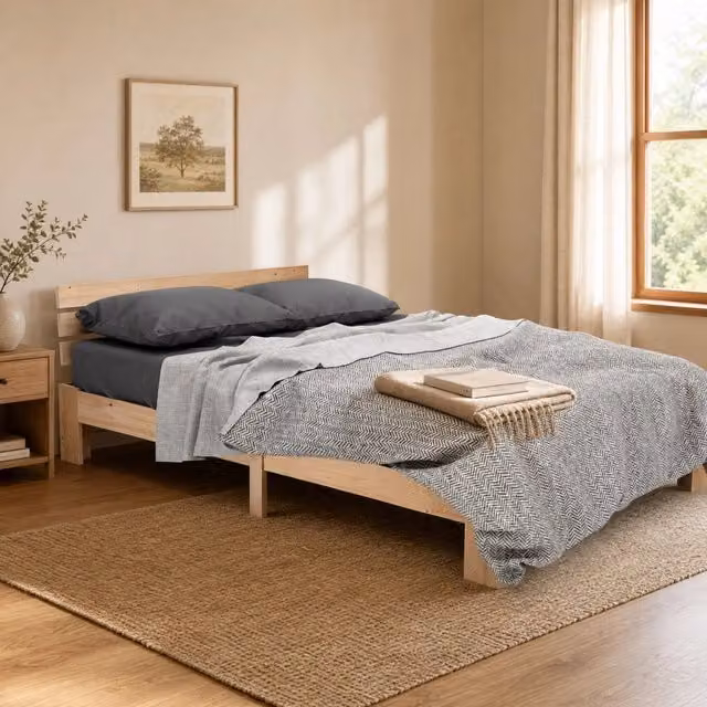 Letto matrimoniale MODFU in legno di pino massello colore marrone con rete a doghe fisse L/P/H: 140 x 200 cm