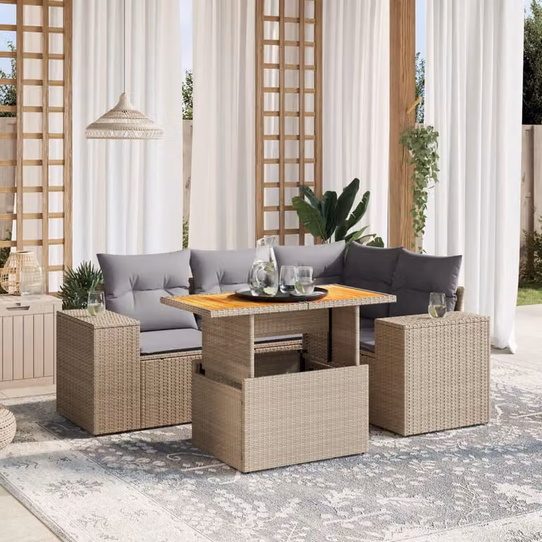 vidaXL Set Divano da Giardino a L 5 pz con Cuscini Beige e Tavolino Moderno