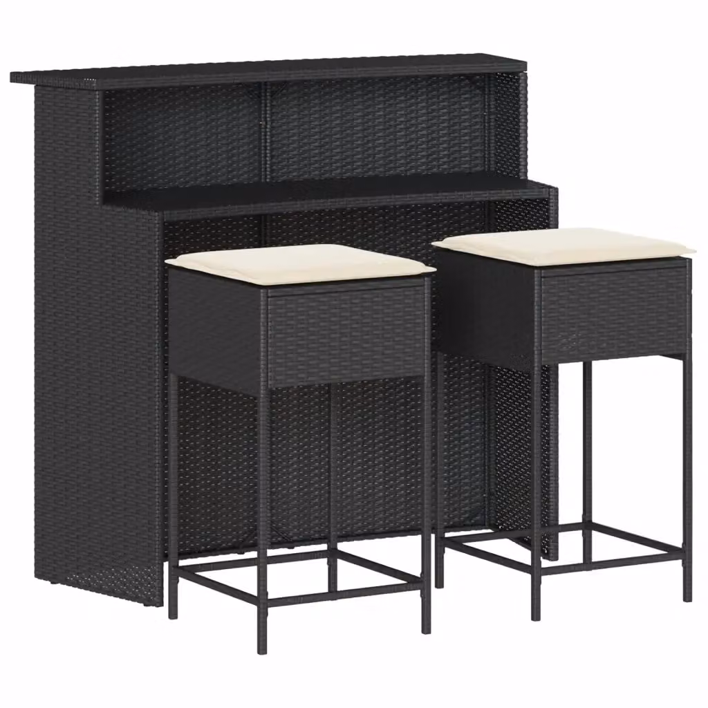 vidaXL Set Bar da Giardino 3 pz in Polyrattan Nero con Cuscini – 2