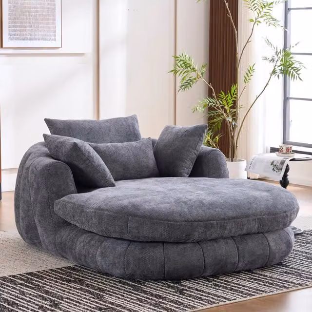 Poltrona chaise longue grigia in ciniglia; 184;5 x 145 x 76;5 cm; seduta profonda con cuscini; 1 posto