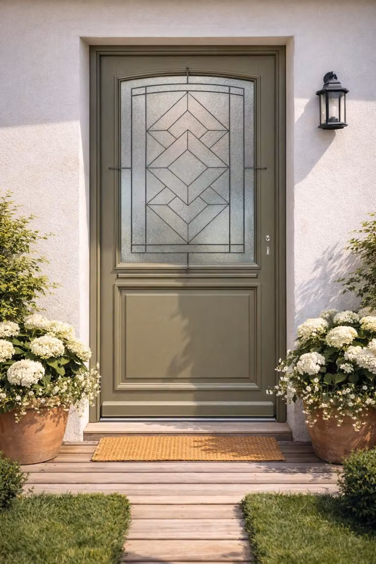 Porta d'ingresso in legno con vetro Elsie, verde grigio oliva, H.215xL.90 cm Gd Menuiseries