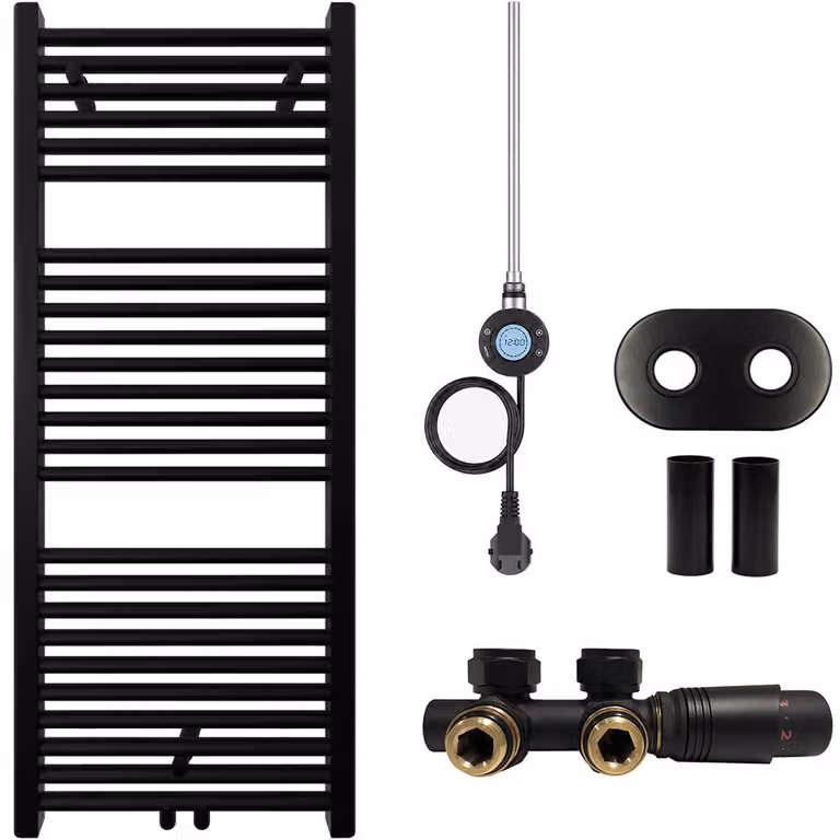 Kit radiatore per bagno Lincoln - sistema di riscaldamento combinato, antenna Wi-Fi - attacco centrale da 50 mm - 300W - nero opaco - 1200x500 mm