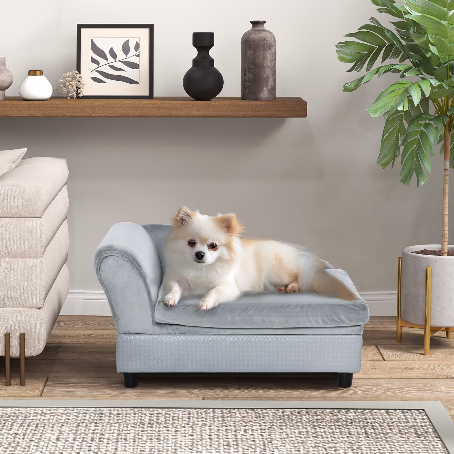 PawHut Divano per Cani con Spazio Portaoggetti e Cuscino, in Legno e Tessuto, L 76 cm x P 45 cm x H 43 cm, Grigio Chiaro – 2