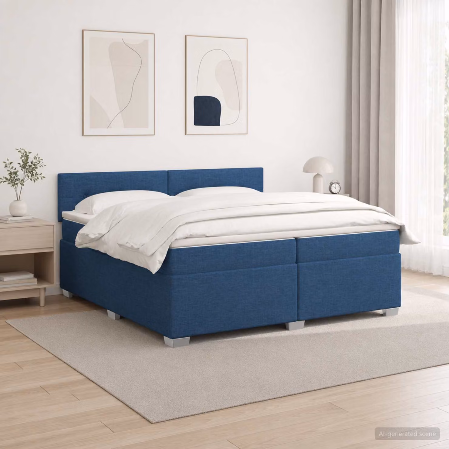 Letto con Box Spring, Materasso Ibrido e Illuminazione LED Blu vidaXL, Tessuto Bianco e Blu, 200 x 200 cm