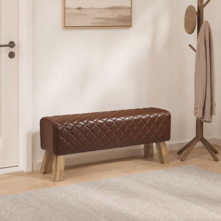 Panchina moderna vidaXL in vera pelle marrone e legno con design geometrico L/P/H: 110 x 30 x 45 cm