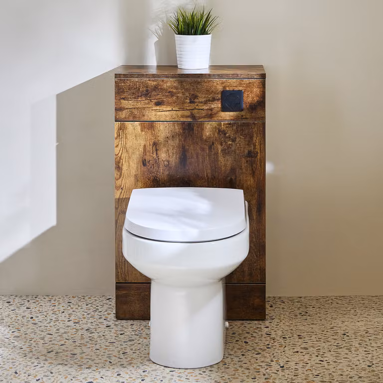 Mobile WC da 500 con Sanitario Covelly - Rovere Scuro - Pulsante di Scarico Nero - Cluo