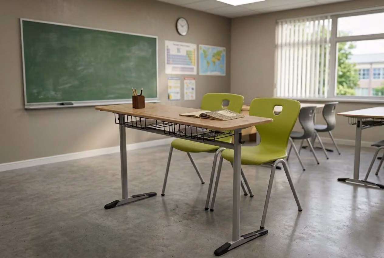 Set scolastico moderno ed ergonomico: scrivania marrone e sedia verde a due posti