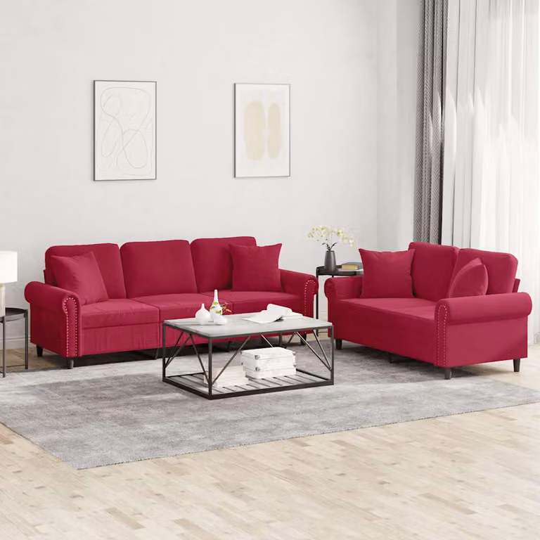 Set di 2 divani vidaXL in velluto rosso con cuscini per soggiorno in stile moderno