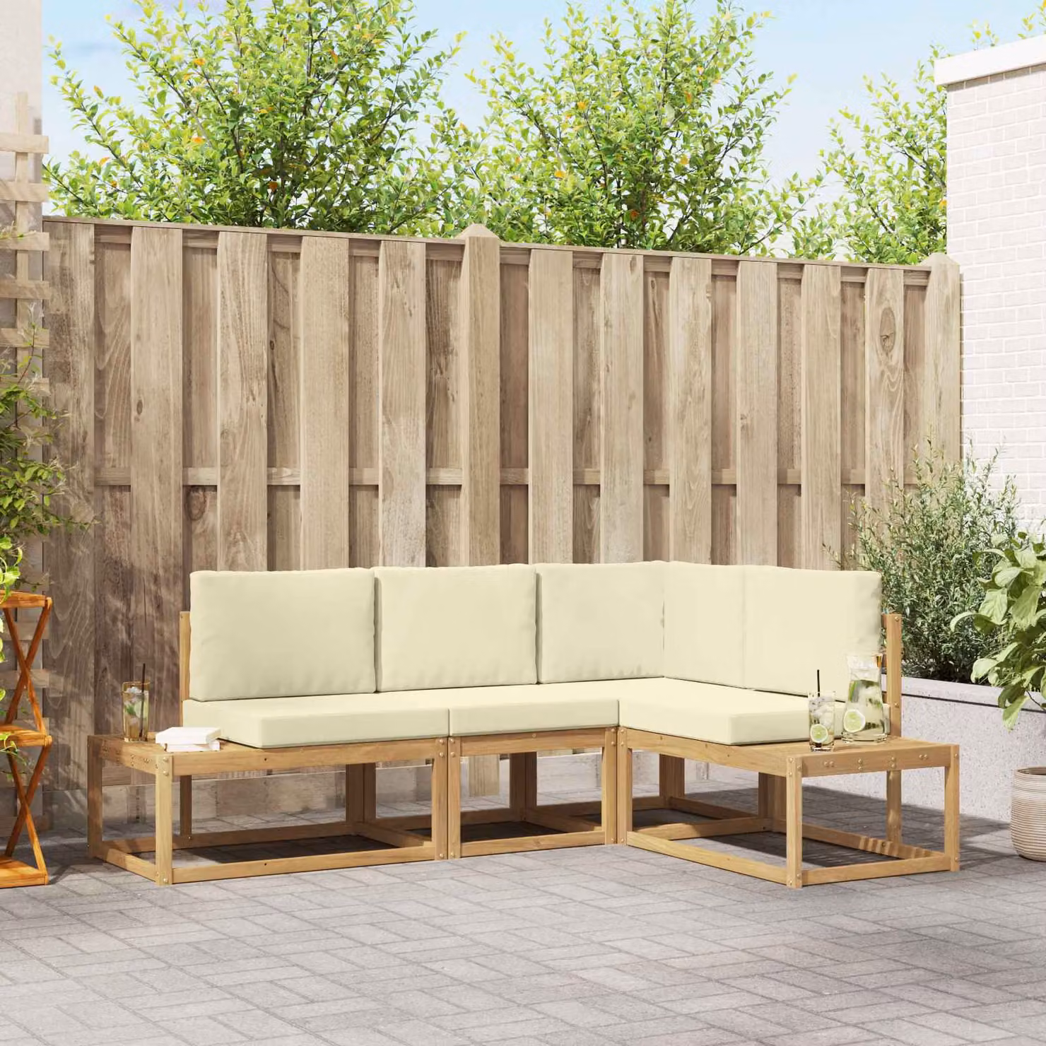 Set di divani da esterno a L vidaXL in legno di acacia con cuscini, Bianco, Beige e Marrone