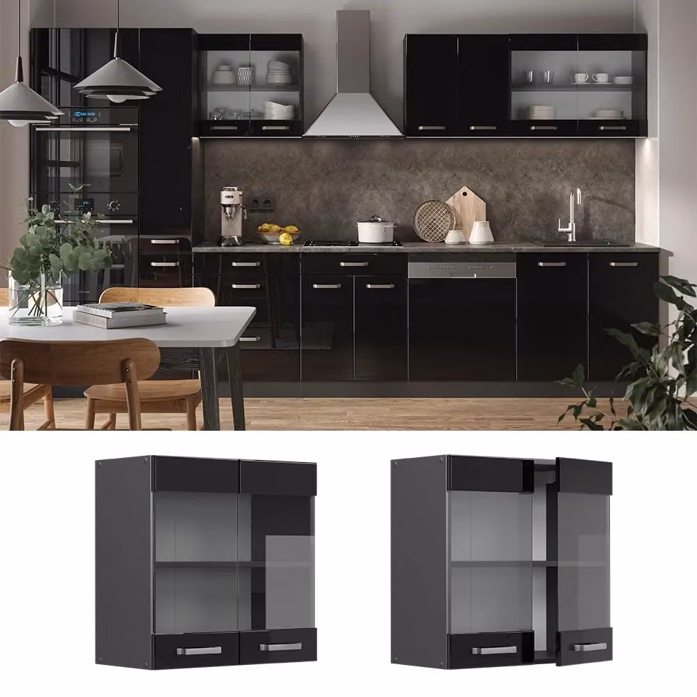 Pensile da cucina Vicco R-Line con ante in vetro, Nero lucido e Antracite, L: 60 cm, P: 31 cm, H: 60 cm – 2