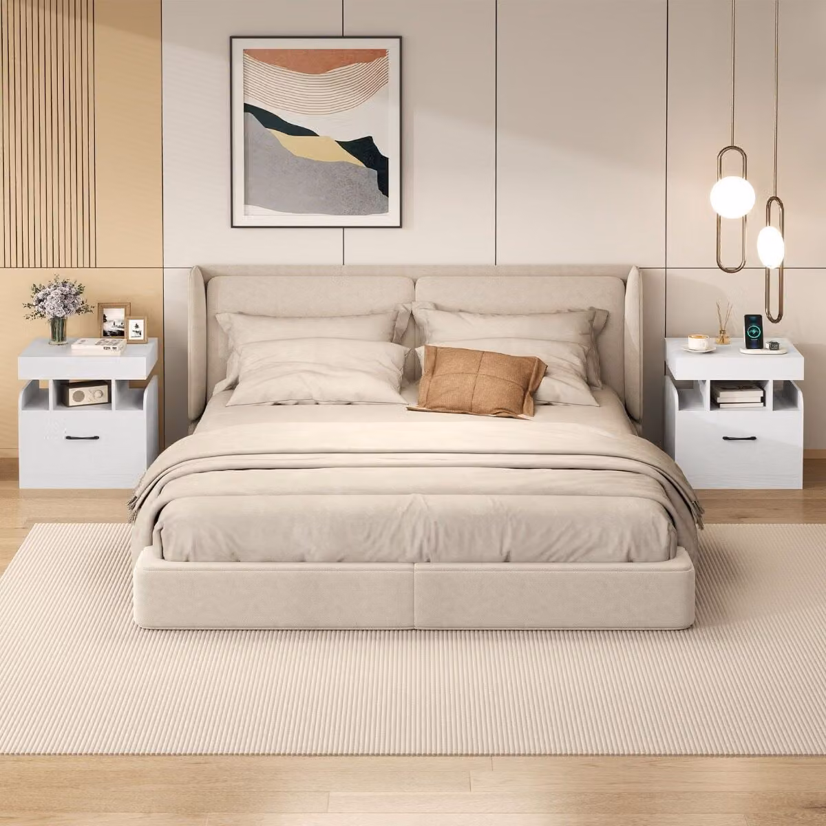 Set di 2 comodini Costway con stazione di ricarica, cassetto, vano scorrevole e vassoio, colore bianco
