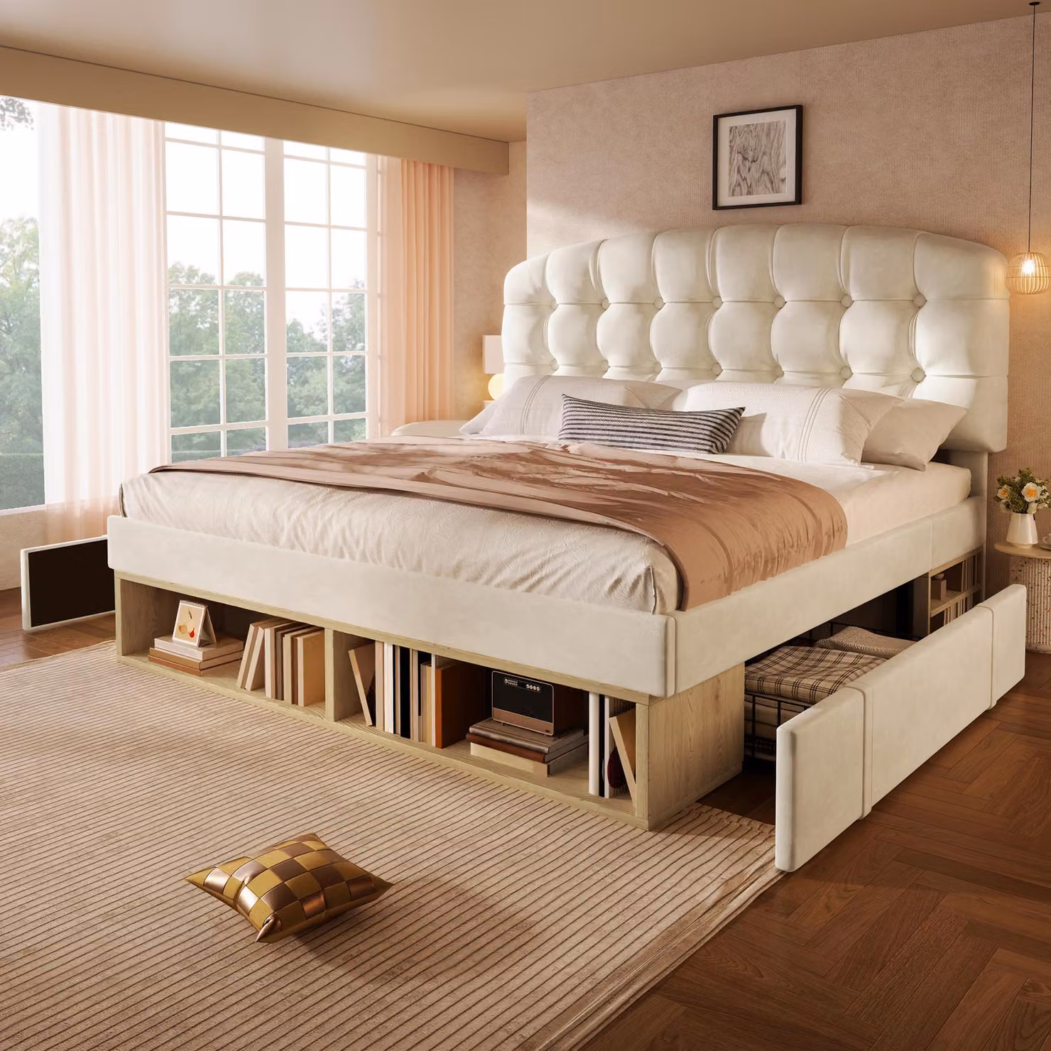 Letto imbottito 140x200 cm, rivestito in velluto beige, con testiera regolabile in altezza, rete a doghe e cassetti. Struttura del letto con spazio contenitivo, ideale per la camera da letto