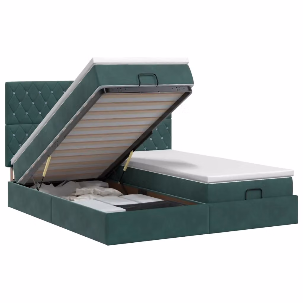 Letto ottomano moderno vidaXL in velluto verde e bianco con base a sollevamento e materasso a molle L/P/H: 200 x 200 x 88 cm – 2
