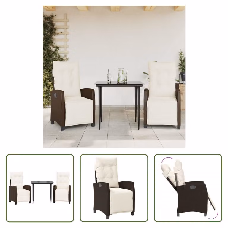 The Living Store Set da pranzo da giardino in 3 pezzi con cuscini in poly rattan marrone