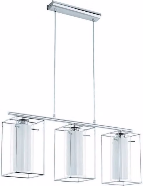 Lampadario Sospeso Neoclassico Loncino Eglo in Cromo con Paralumi in Vetro Bianco e Trasparente, 3x E27